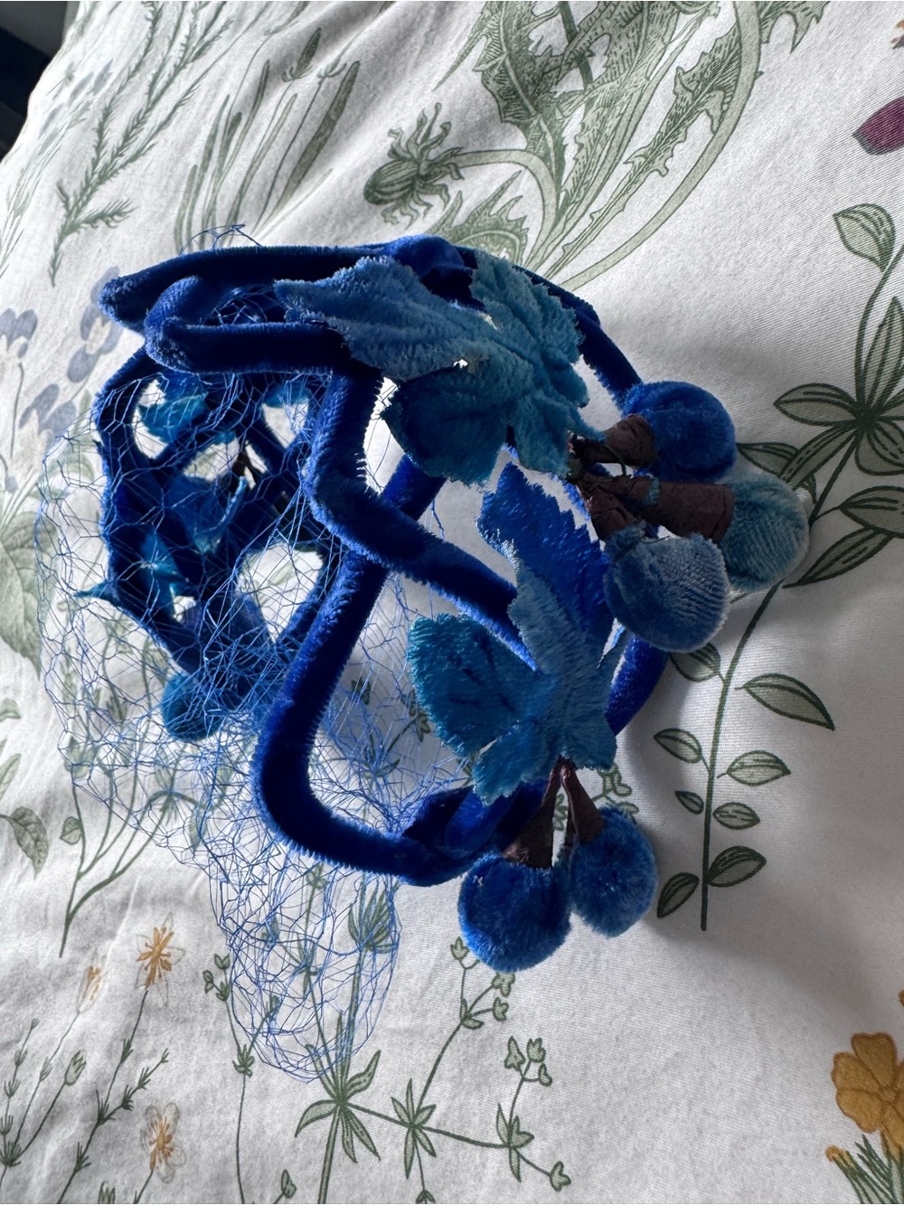 Vintage Blue Velvet Lattice Birdcage Veil Fascinator with ivy